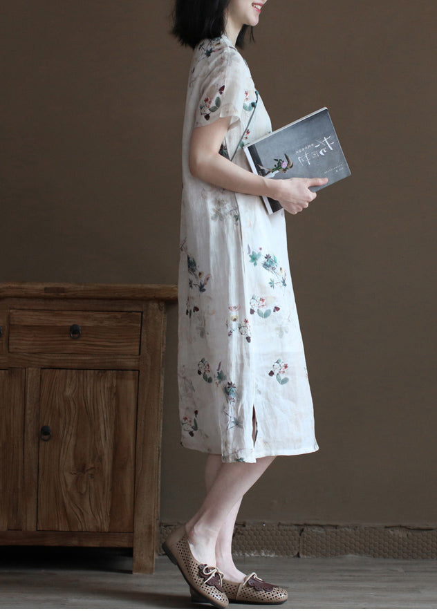 Elegantes Aprikosen-Mantelkragen-Print, Seite offen, Leinen im chinesischen Stil, Kleider mit kurzen Ärmeln