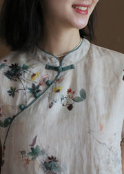 Elegantes Aprikosen-Mantelkragen-Print, Seite offen, Leinen im chinesischen Stil, Kleider mit kurzen Ärmeln