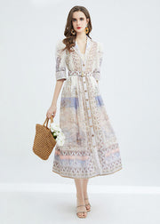Classy Apricot Peter Pan Collar Print Sashes Patchwork Cotton Dresses Summer