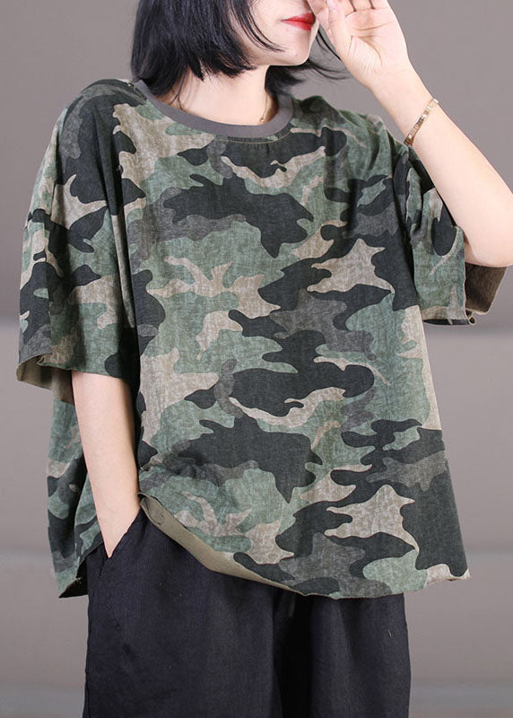 Elegantes, armeegrünes O-Neck, übergroße Baumwoll-Tanktops mit kurzen Ärmeln und Camouflage-Print