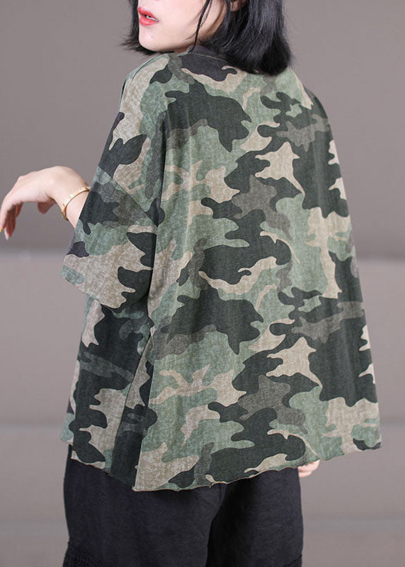 Elegantes, armeegrünes O-Neck, übergroße Baumwoll-Tanktops mit kurzen Ärmeln und Camouflage-Print