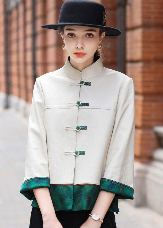 Classy Beige Chinese Button Patchwork Faux Leather Coats Spring