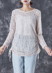 Classy Beige Cinched Hollow Out Back Button Down Lace Blouses Fall
