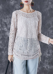 Classy Beige Cinched Hollow Out Back Button Down Lace Blouses Fall