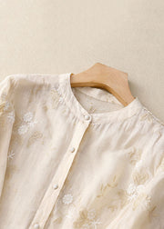 Classy Beige Embroidered Button Patchwork Cotton Shirt Tops Summer
