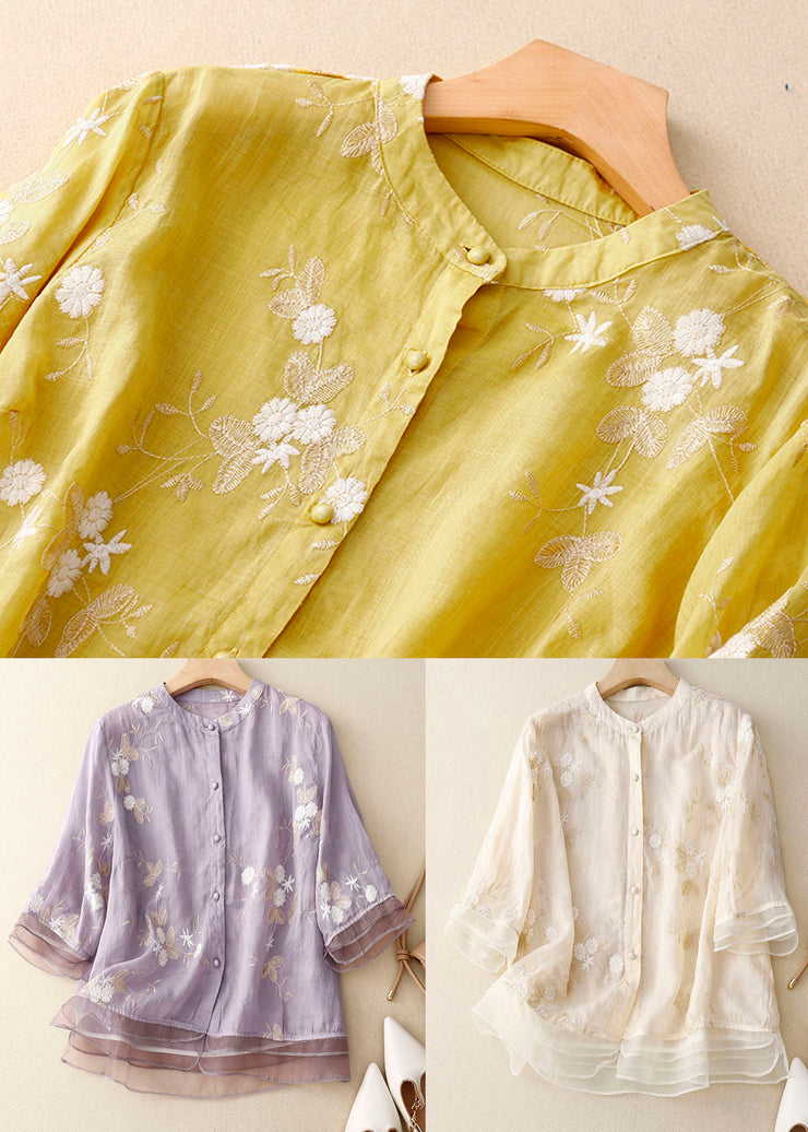 Classy Beige Embroidered Button Patchwork Cotton Shirt Tops Summer