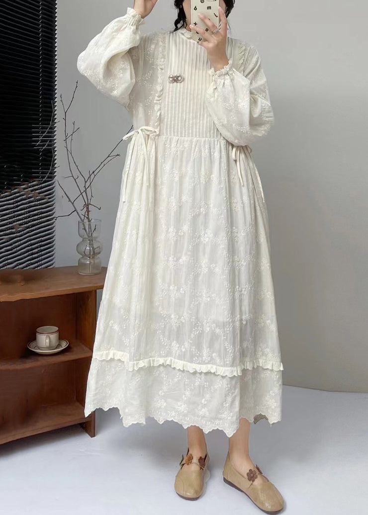 Classy Beige Embroideried Ruffled Lace Up Cotton Long Dress Spring