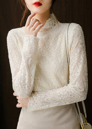 Classy Beige Hollow Out Embroideried Lace Blouse Tops Spring