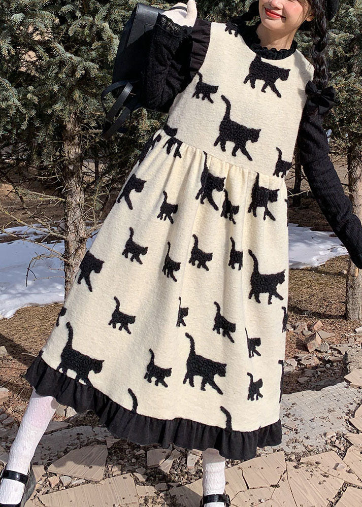 Classy Beige O-Neck Bow Cats Print Wrinkled Ruffled Patchwork Woolen Long Dress Fall