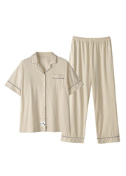 Classy Beige Peter Pan Collar Patchwork Button Cotton Couple Pajamas Two Pieces Set Short Sleeve