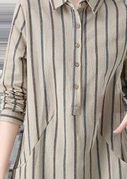 Classy Beige Peter Pan Collar Striped Button Shirt Long Sleeve