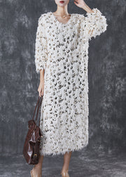 Classy Beige Sequins Thick Fuzzy Fur Fluffy Knitted Dress Winter