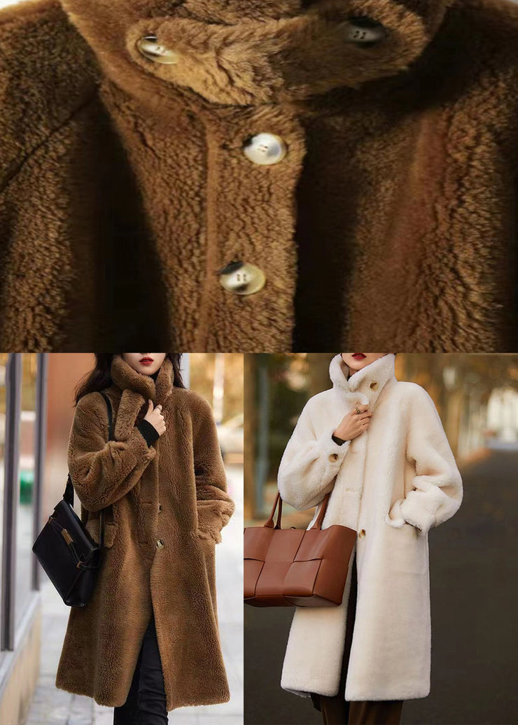 Classy Beige Stand Collar Pockets Patchwork Wool Trench Winter