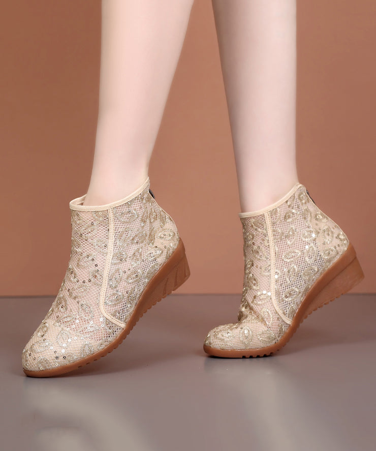 Classy Beige Tulle Sequins Splicing Wedge Boots
