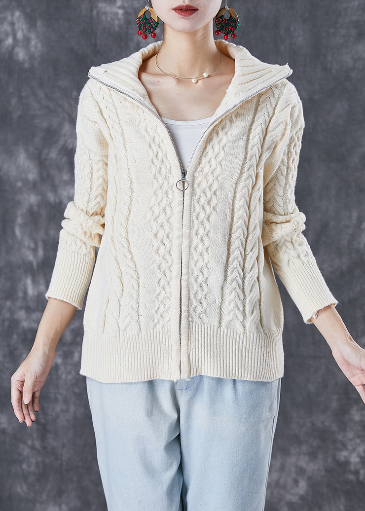 Classy Beige Zippered Thick Cable Knit Coats Fall