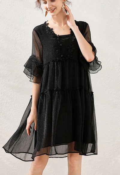 Classy Black Appliques Chiffon Summer Robe Dresses - SooLinen