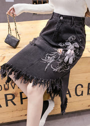 Classy Black Asymmetrical Design Embroidered Tassel Denim Skirts Spring