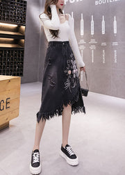 Classy Black Asymmetrical Design Embroidered Tassel Denim Skirts Spring