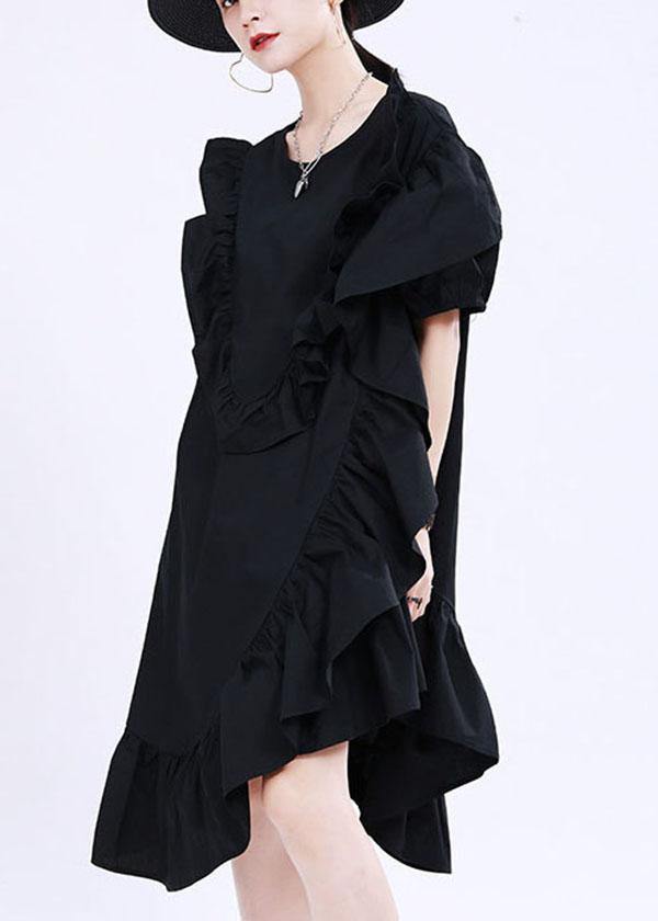 Classy Black Asymmetrical Design Ruffled Patchwork Summer Dress - SooLinen