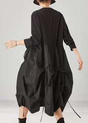 Classy Black Asymmetrical Patchwork Wrinkled Cotton Robe Dresses Spring