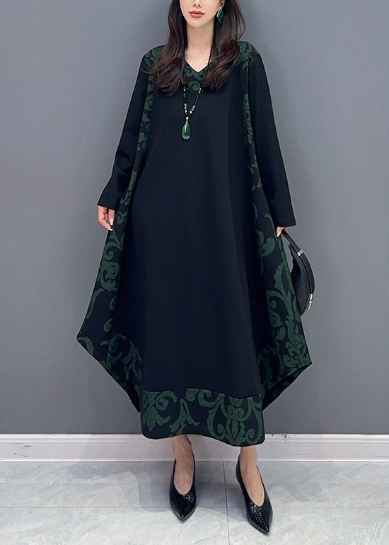 Classy Black Asymmetrical Print Patchwork Cotton Dresses Long Sleeve