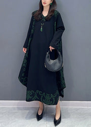 Classy Black Asymmetrical Print Patchwork Cotton Dresses Long Sleeve