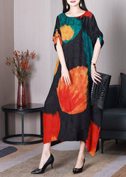 Classy Black Asymmetrical Print Silk Robe Dresses Summer