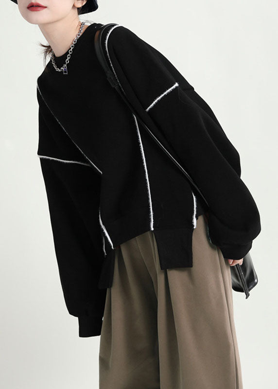 Classy Black Asymmetrical Side Open Warm Fleece Sweatshirts Top Fall