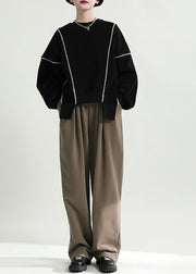 Classy Black Asymmetrical Side Open Warm Fleece Sweatshirts Top Fall