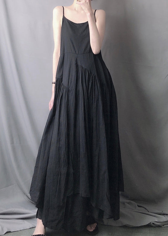 Classy Black Asymmetrical Wrinkled Patchwork Cotton Spaghetti Strap Dress Sleeveless