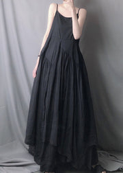 Classy Black Asymmetrical Wrinkled Patchwork Cotton Spaghetti Strap Dress Sleeveless