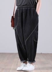 Elegante schwarze, lässige, elastische Taillentaschen, Haremshose, Herbst-Patchwork-Hose
