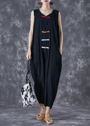 Classy Black Chinese Button Pockets Linen Jumpsuits Sleeveless