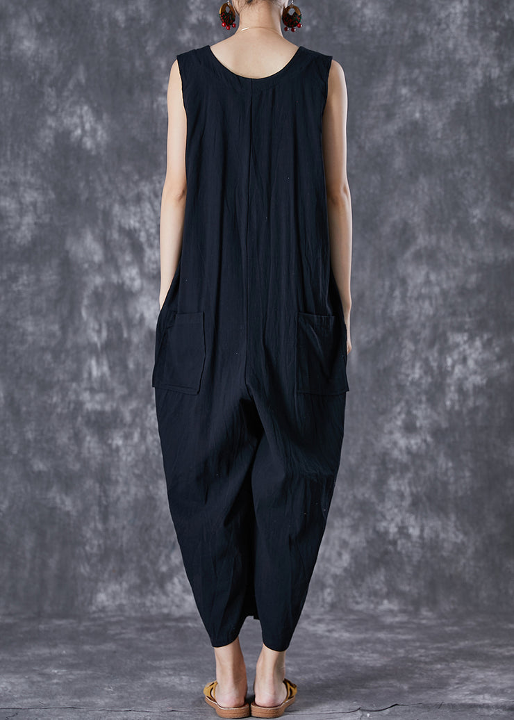 Classy Black Chinese Button Pockets Linen Jumpsuits Sleeveless