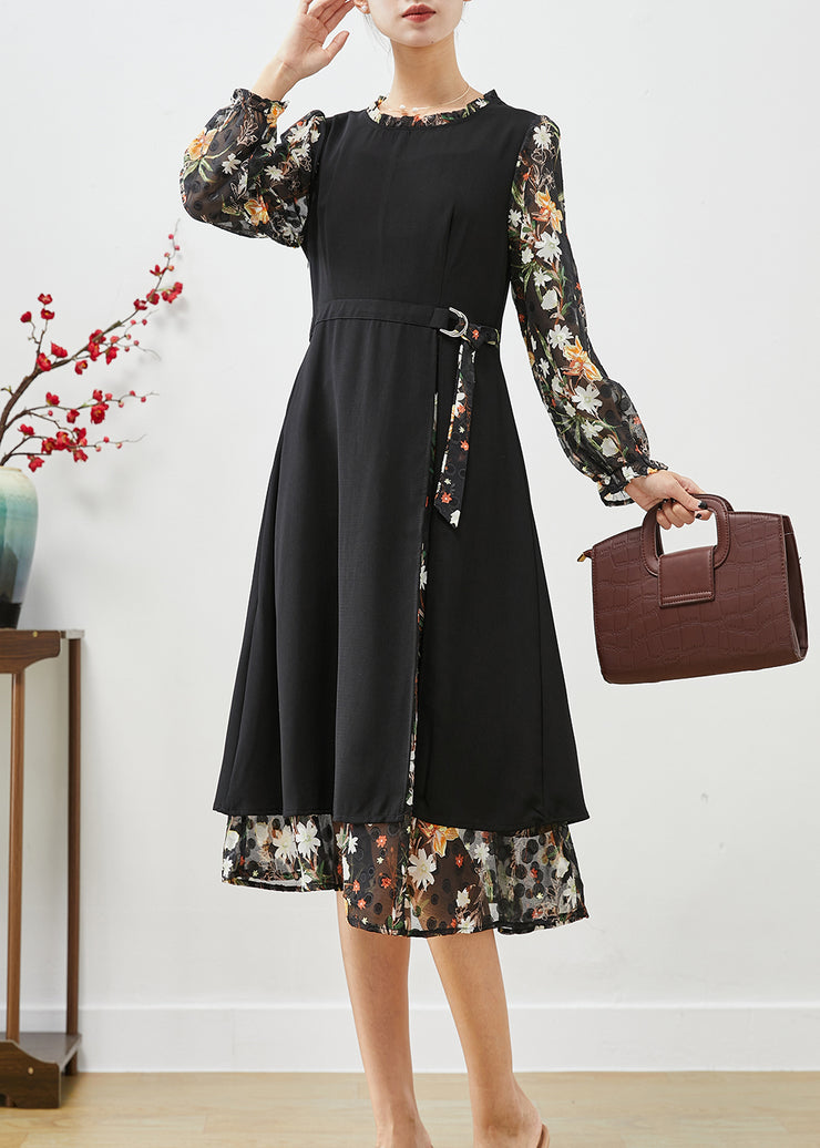 Classy Black Cinched Patchwork Silk Fake Two Piece Dress Fall