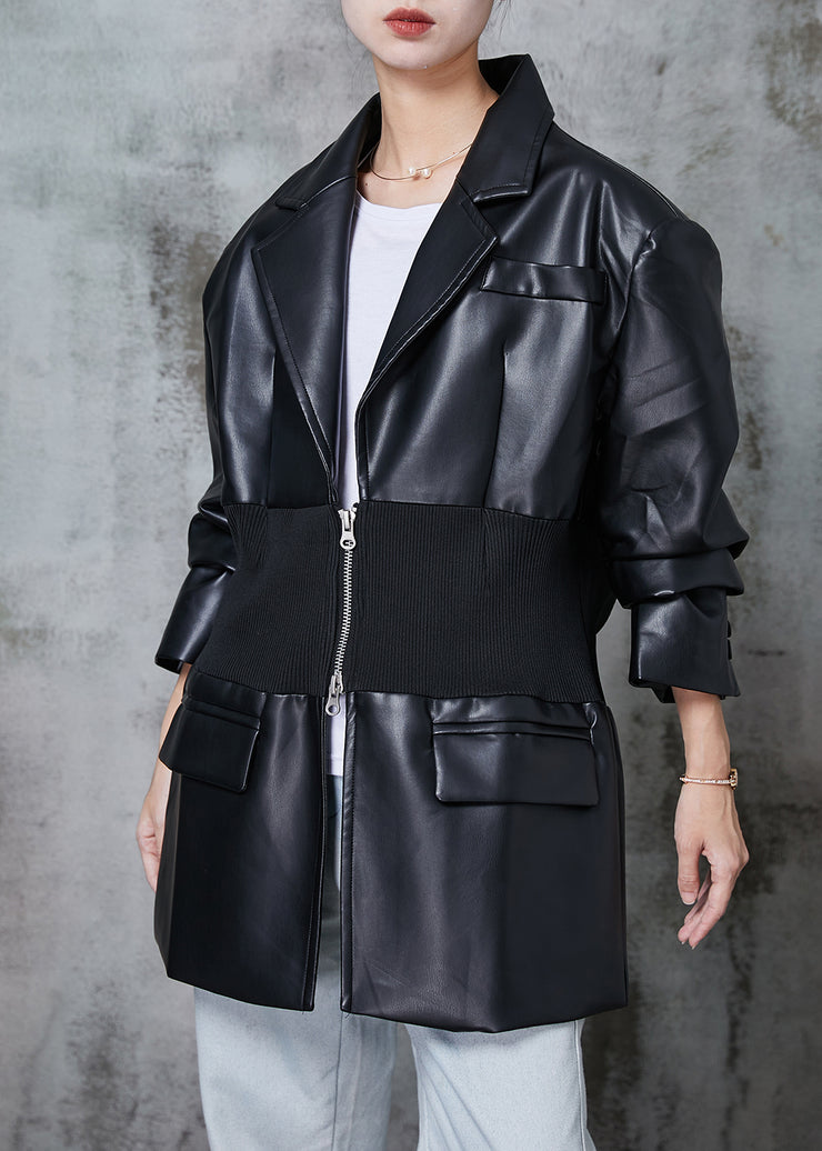 Classy Black Elastic Waist Patchwork Faux Leather Coats Spring