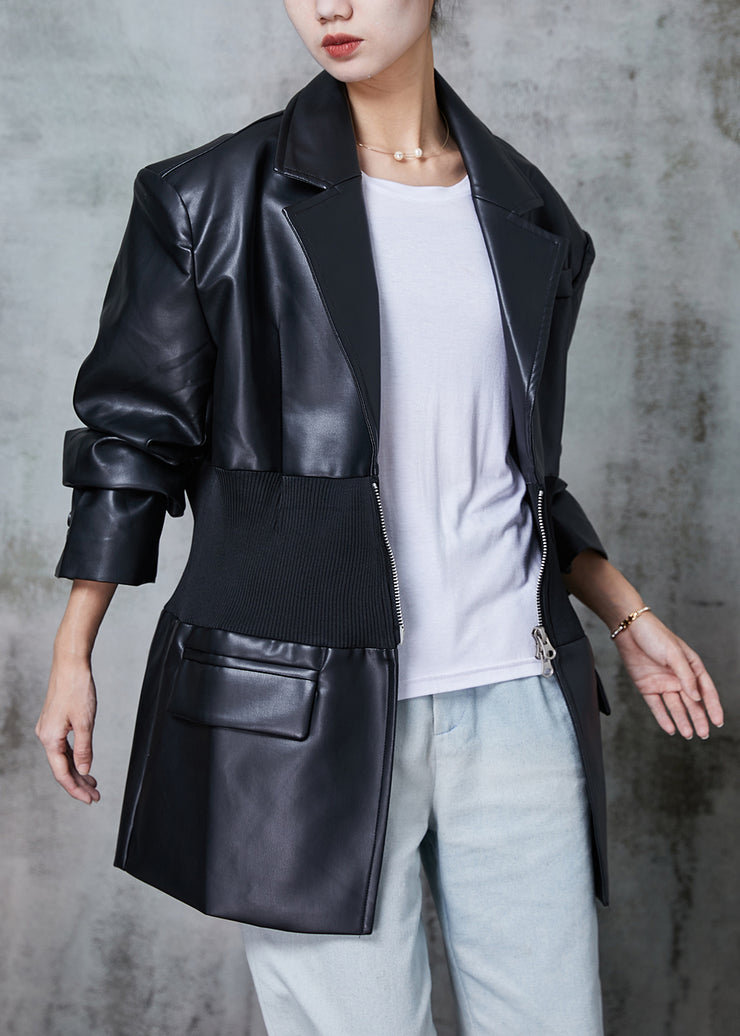 Classy Black Elastic Waist Patchwork Faux Leather Coats Spring
