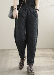 Classy Black Elastic Waist Patchwork Fine Cotton Filled Pants Winter