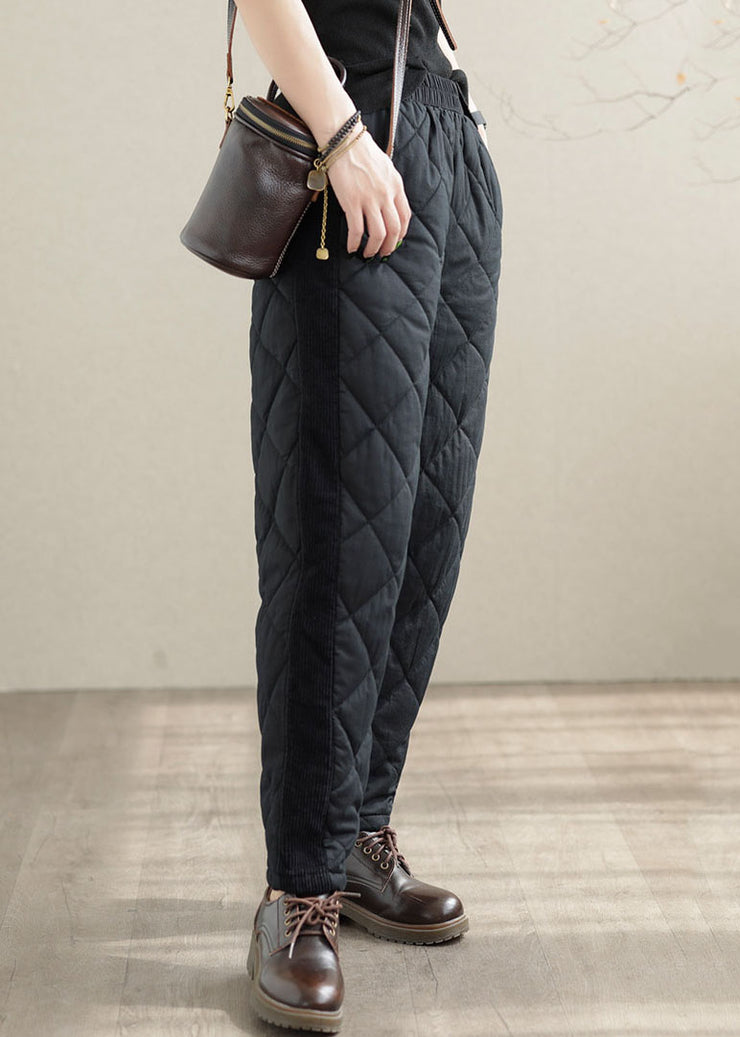 Classy Black Elastic Waist Patchwork Fine Cotton Filled Pants Winter