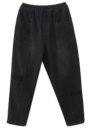 Classy Black Elastic Waist Patchwork Warm Fleece Denim Pants Winter