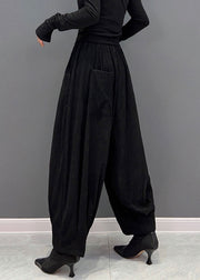 Classy Black Elastic Waist Pockets Thick Corduroy Harem Pants Spring