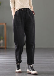 Classy Black Elastic Waist Pockets Warm Fleece Denim Pants Spring