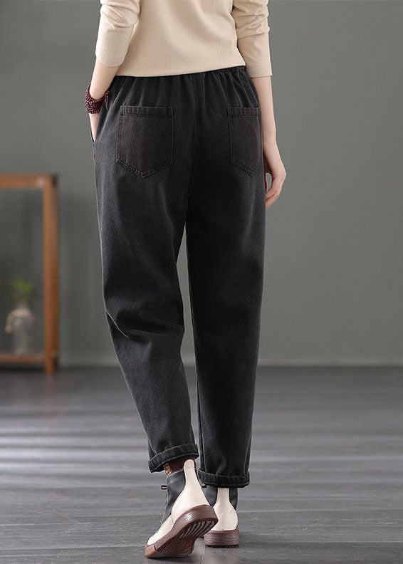 Classy Black Elastic Waist Pockets Warm Fleece Denim Pants Spring