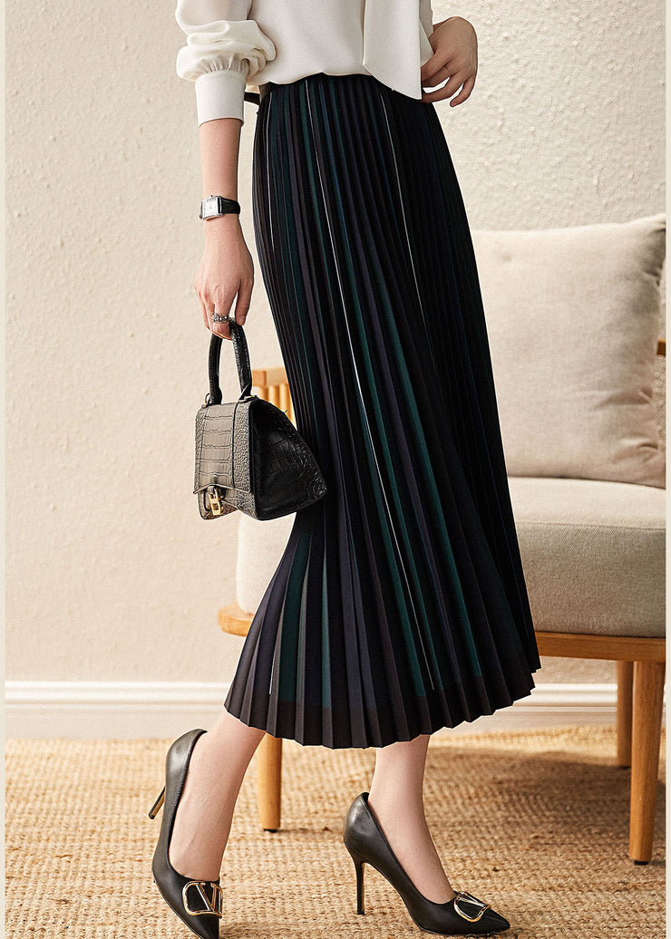 Classy Black Elastic Waist Striped Silk Pleated Skirt Spring