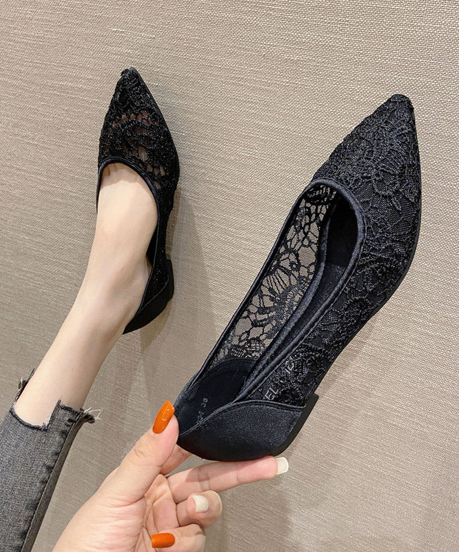 Classy Black Embroider Flower Tulle Splicing Pointed Toe Sandals