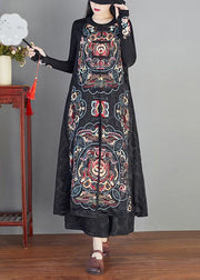 Classy Black Embroidered Chinese Button Patchwork Silk Long Waistcoat Sleeveless
