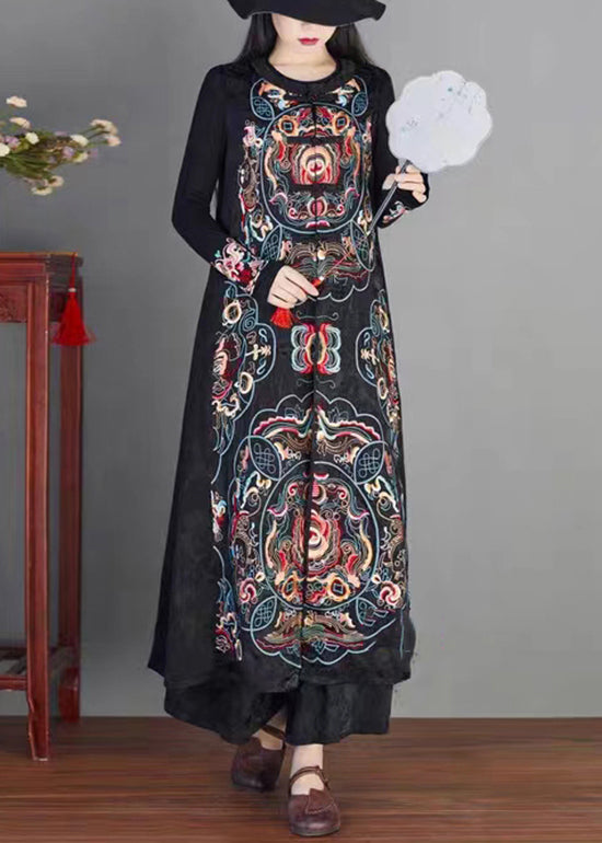 Classy Black Embroidered Chinese Button Patchwork Silk Long Waistcoat Sleeveless