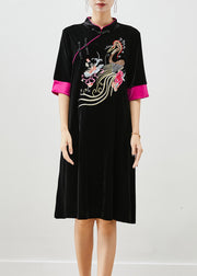 Classy Black Embroidered Silk Velour Dresses Half Sleeve