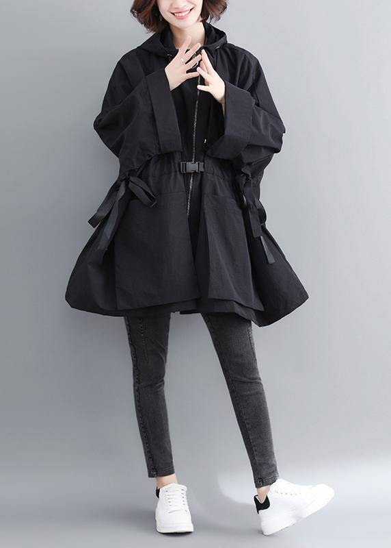 Classy Black Fine Outfit Outfits Hooded Tie Waist Spring Outwears - SooLinen