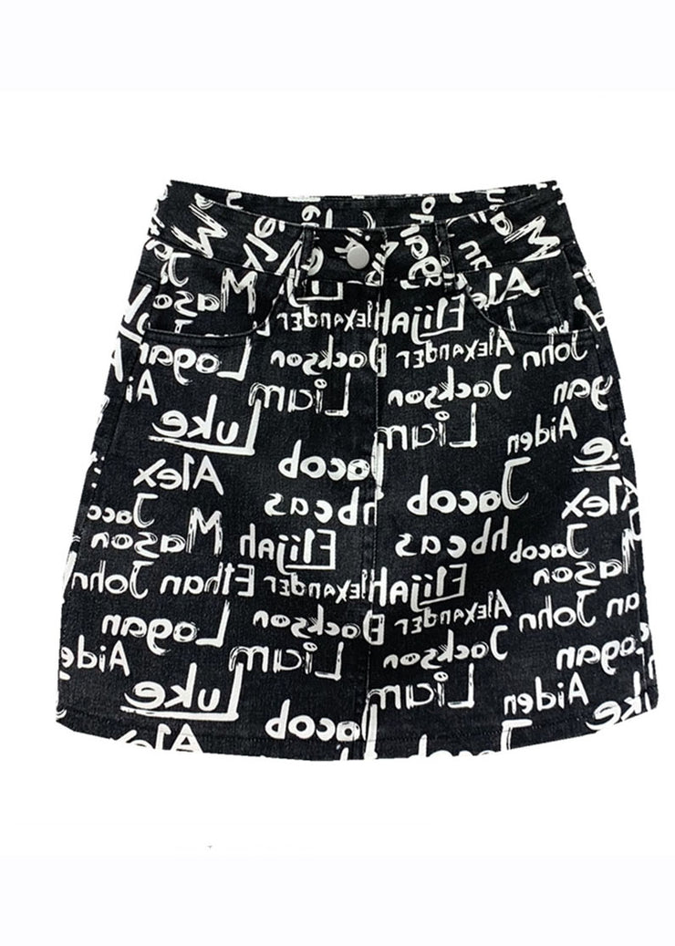 Classy Black High Waist Graphic Print Denim Hip Wrap Skirts